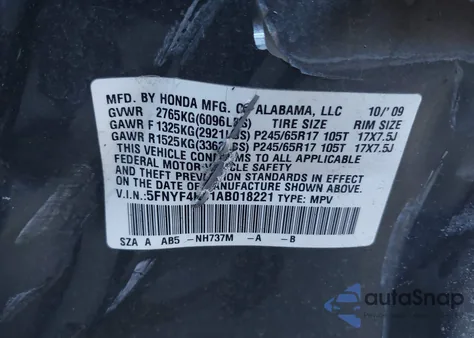 2010 Honda Pilot Ex из США, поврежденный, VIN 5FNYF4H41AB018221